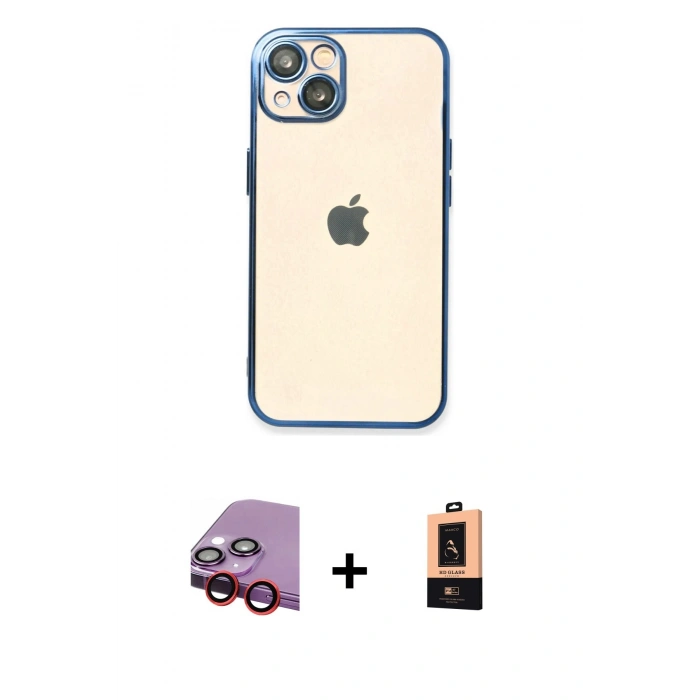MARSİLYAN™- iPhone 14 Plus Kılıf Vadi Minimal - Şeffaf Maxco Cam Ekran Koruyucu + Kırmızı Raze Metal Kamera Lens