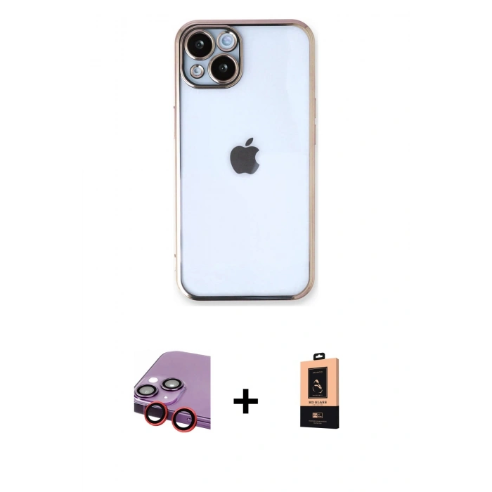 MARSİLYAN™- iPhone 14 Plus Kılıf Vadi Minimal - Şeffaf Maxco Cam Ekran Koruyucu + Kırmızı Raze Metal Kamera Lens