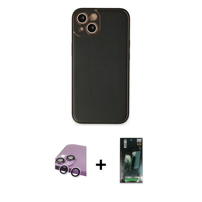 MARSİLYAN™- iPhone 14 Plus Kılıf Yadigar Klasik - Siyah 360 Mat Full Body Arka Koruyucu + Mor Raze Metal Kamera Lens
