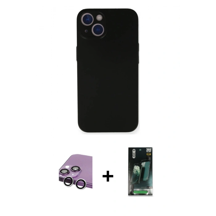 MARSİLYAN™- iPhone 14 Plus Kılıf Yadigar Yansıma Serisi - Siyah 360 Mat Full Body Arka Koruyucu + Raze Metal Kamera Lens - GS