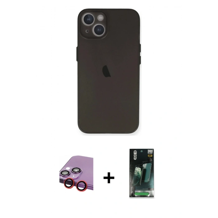 MARSİLYAN™- iPhone 14 Plus Kılıf Yadigar Yansıma Serisi - Siyah 360 Mat Full Body Arka Koruyucu + Raze Metal Kamera Lens - KI