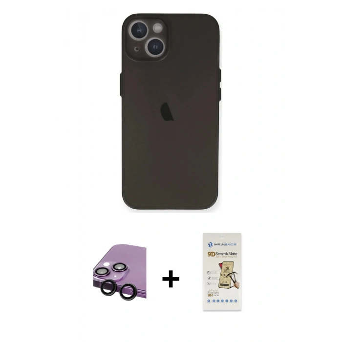 MARSİLYAN™- iPhone 14 Plus Kılıf Yadigar Yansıma Serisi - Siyah Mat Seramik Nano Ekran Koruyucu + Raze Metal Kamera Lens - SH