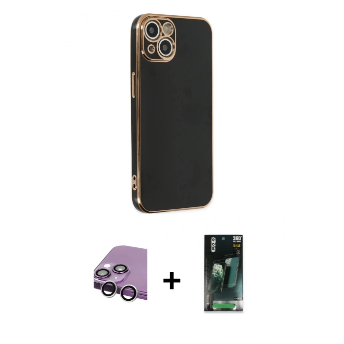 MARSİLYAN™- iPhone 14 Plus Kılıf Yankı Serisi - Siyah 360 Mat Full Body Arka Koruyucu + Raze Metal Kamera Lens - GS