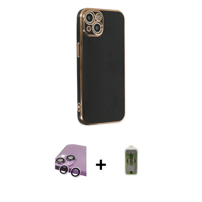 MARSİLYAN™- iPhone 14 Plus Kılıf Yankı Serisi - Siyah Joko Magic 5D Hayalet Cam + Mor Raze Metal Kamera Lens