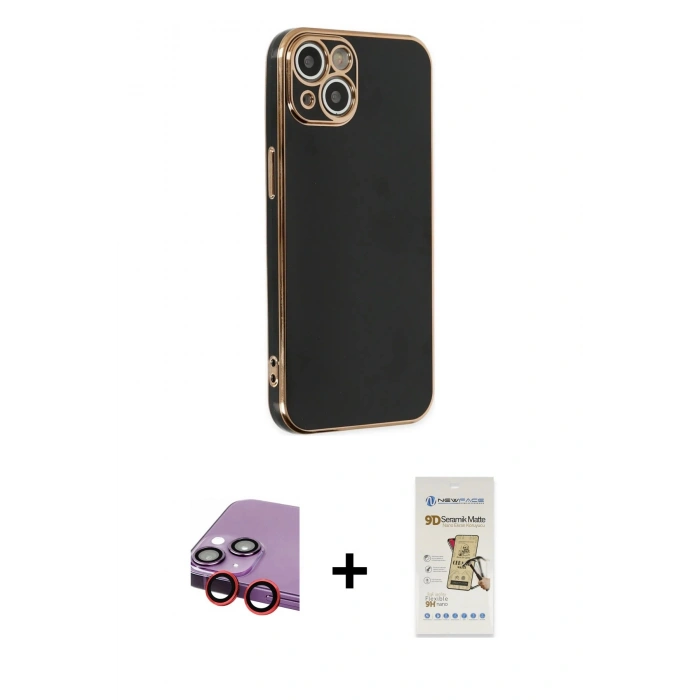 MARSİLYAN™- iPhone 14 Plus Kılıf Yankı Serisi - Siyah Mat Seramik Nano Ekran Koruyucu + Raze Metal Kamera Lens - KI