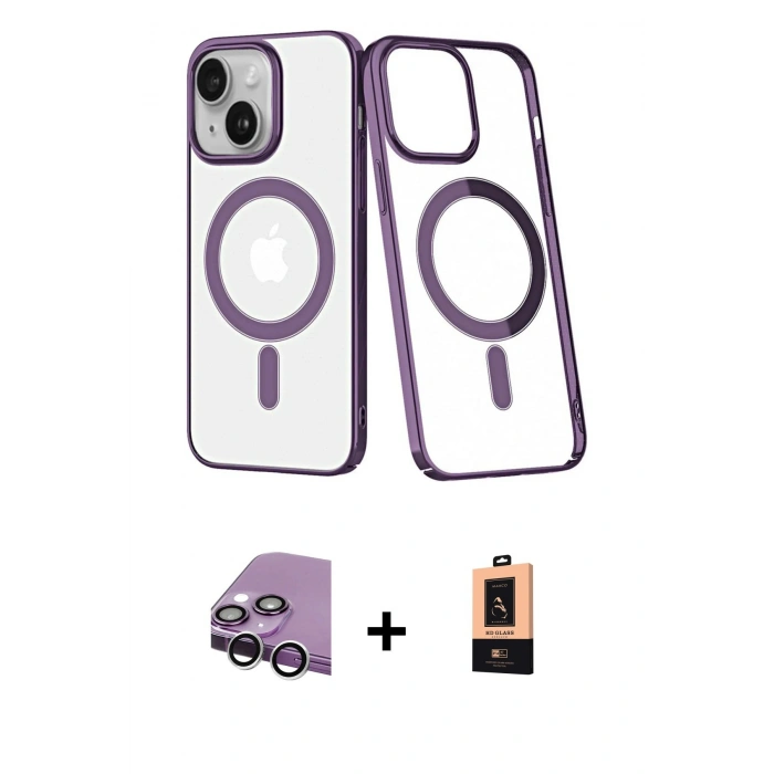 MARSİLYAN™- iPhone 14 Plus Kılıf Yörünge Minimal - Şeffaf Maxco Cam Ekran Koruyucu + Raze Metal Kamera Lens - GS