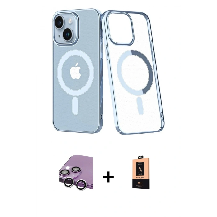 MARSİLYAN™- iPhone 14 Plus Kılıf Yörünge Minimal - Şeffaf Maxco Cam Ekran Koruyucu + Raze Metal Kamera Lens - GS
