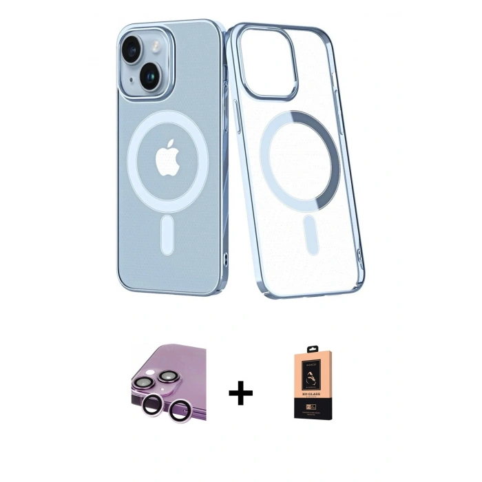 MARSİLYAN™- iPhone 14 Plus Kılıf Yörünge Minimal - Şeffaf Maxco Cam Ekran Koruyucu + Raze Metal Kamera Lens - MR