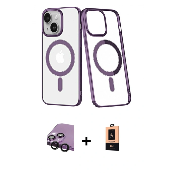 MARSİLYAN™- iPhone 14 Plus Kılıf Yörünge Minimal - Şeffaf Maxco Cam Ekran Koruyucu + Raze Metal Kamera Lens - SH