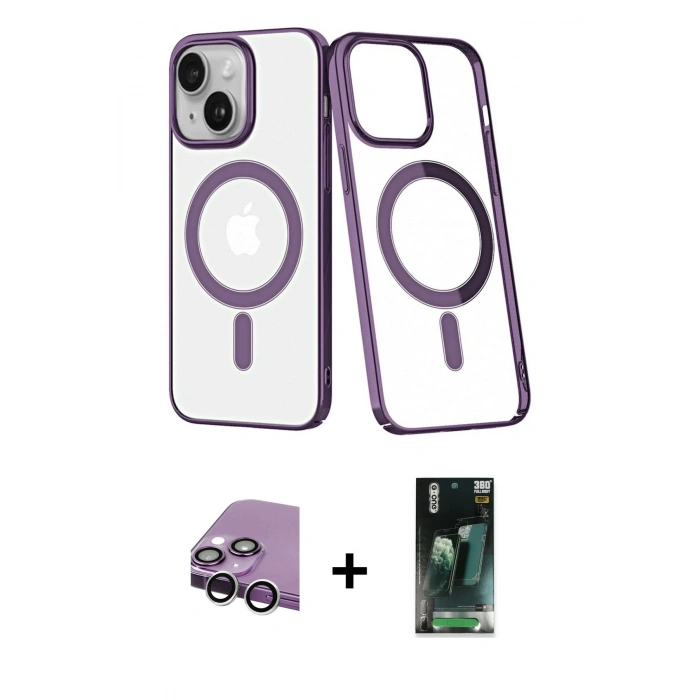 MARSİLYAN™- iPhone 14 Plus Kılıf Yörünge Minimal - Siyah 360 Mat Full Body Arka Koruyucu + Raze Metal Kamera Lens - GS