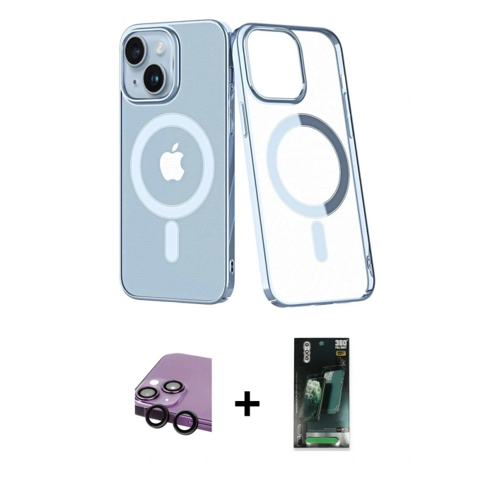 MARSİLYAN™- iPhone 14 Plus Kılıf Yörünge Minimal - Siyah 360 Mat Full Body Arka Koruyucu + Siyah Raze Metal Kamera Lens
