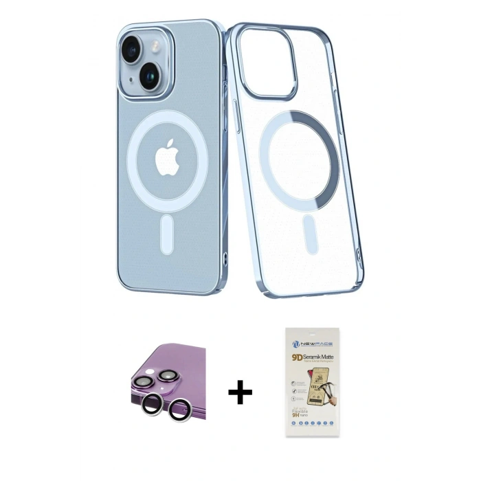 MARSİLYAN™- iPhone 14 Plus Kılıf Yörünge Minimal - Siyah Mat Seramik Nano Ekran Koruyucu + Gümüş Raze Metal Kamera Lens