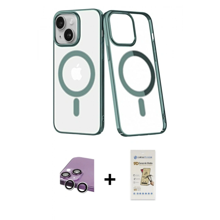 MARSİLYAN™- iPhone 14 Plus Kılıf Yörünge Minimal - Siyah Mat Seramik Nano Ekran Koruyucu + Gümüş Raze Metal Kamera Lens