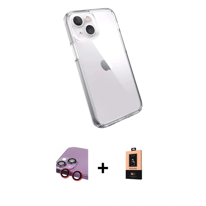 MARSİLYAN™- iPhone 14 Plus Kılıf Zirve Doku - Şeffaf Maxco Cam Ekran Koruyucu + Raze Metal Kamera Lens - KI