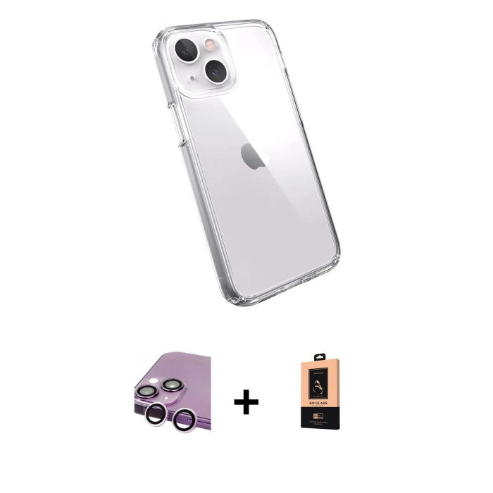 MARSİLYAN™- iPhone 14 Plus Kılıf Zirve Doku - Şeffaf Maxco Cam Ekran Koruyucu + Raze Metal Kamera Lens - MR