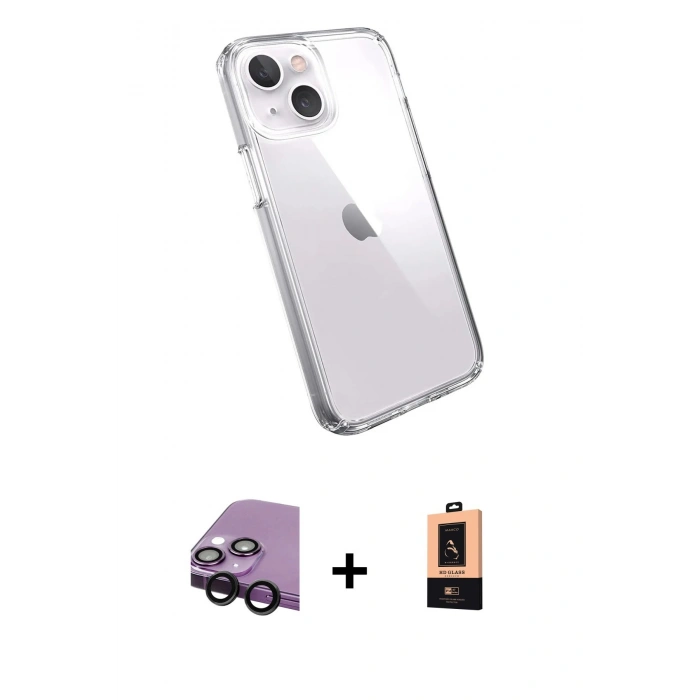 MARSİLYAN™- iPhone 14 Plus Kılıf Zirve Doku - Şeffaf Maxco Cam Ekran Koruyucu + Raze Metal Kamera Lens - SH