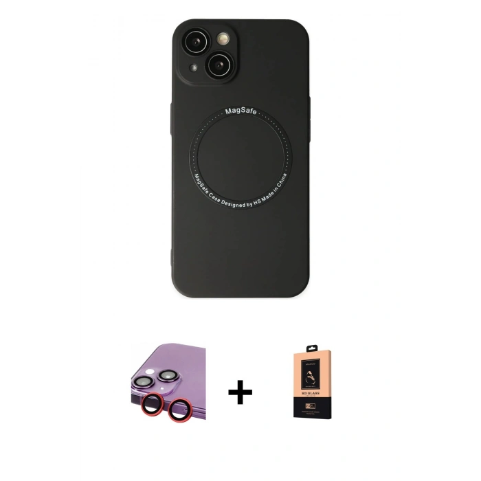 MARSİLYAN™- iPhone 14 Plus Kılıf Zirve Klasik Prime - Şeffaf Maxco Cam Ekran Koruyucu + Raze Metal Kamera Lens - KI