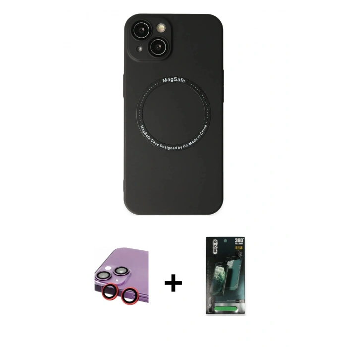 MARSİLYAN™- iPhone 14 Plus Kılıf Zirve Klasik Prime - Siyah 360 Mat Full Body Arka Koruyucu + Raze Metal Kamera Lens - KI