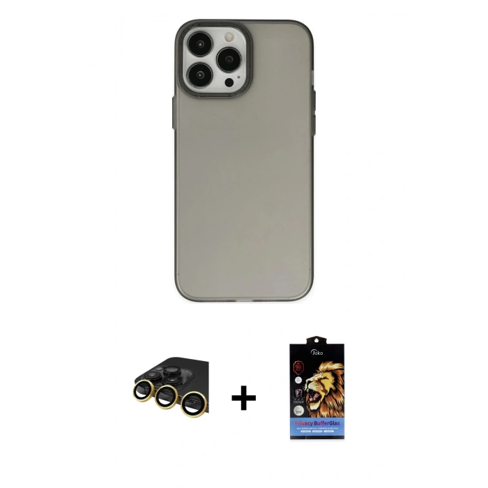 MARSİLYAN™- iPhone 14 Pro Kılıf Ahenk Çizgi Prime - Siyah Buffer Hayalet Cam Ekran Koruyucu + Gold Raze Metal Kamera Lens