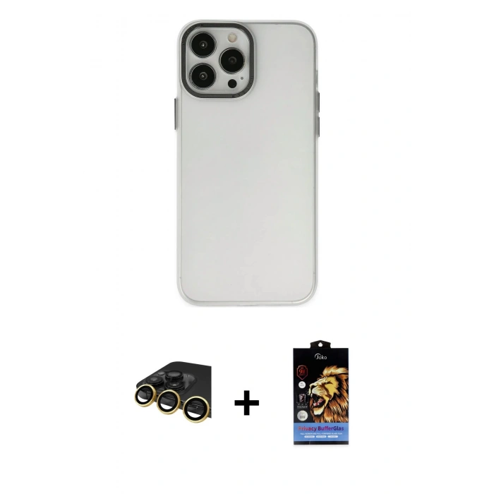 MARSİLYAN™- iPhone 14 Pro Kılıf Ahenk Çizgi Prime - Siyah Buffer Hayalet Cam Ekran Koruyucu + Gold Raze Metal Kamera Lens