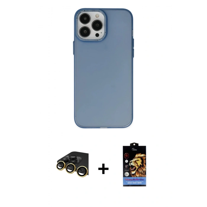 MARSİLYAN™- iPhone 14 Pro Kılıf Ahenk Çizgi Prime - Siyah Buffer Hayalet Cam Ekran Koruyucu + Gold Raze Metal Kamera Lens