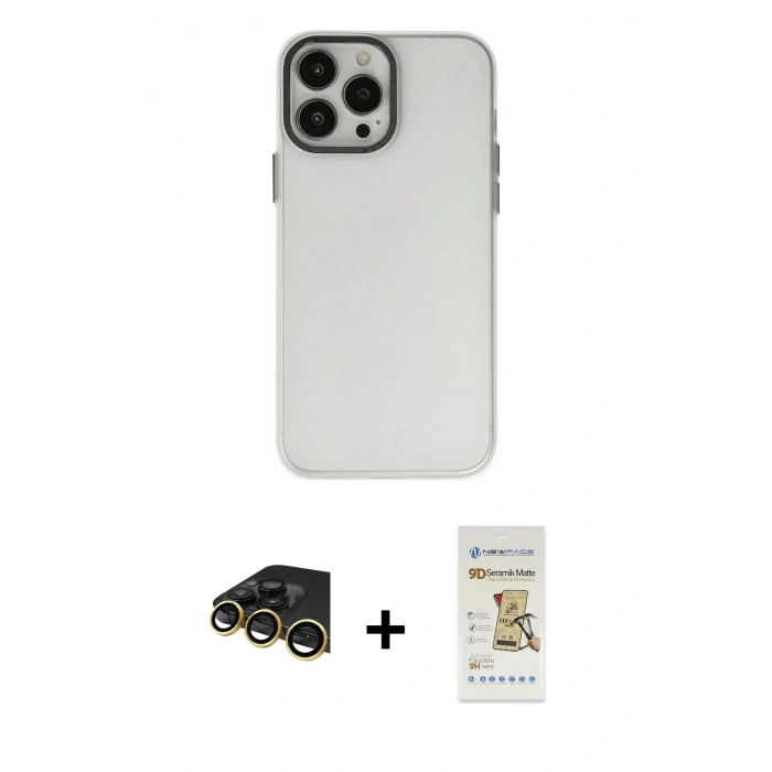 MARSİLYAN™- iPhone 14 Pro Kılıf Ahenk Çizgi Prime - Siyah Mat Seramik Nano Ekran Koruyucu + Gold Raze Metal Kamera Lens