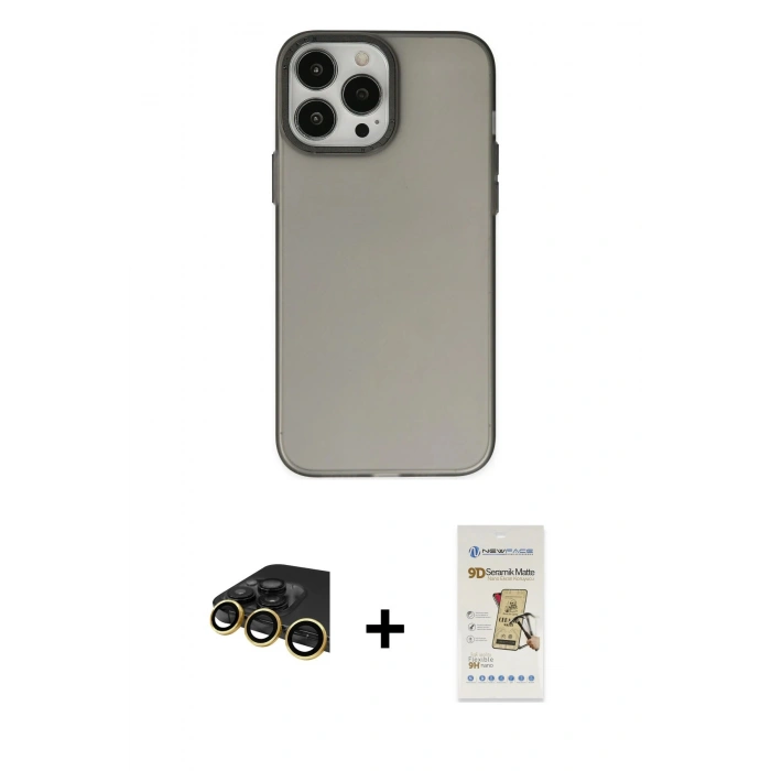 MARSİLYAN™- iPhone 14 Pro Kılıf Ahenk Çizgi Prime - Siyah Mat Seramik Nano Ekran Koruyucu + Gold Raze Metal Kamera Lens
