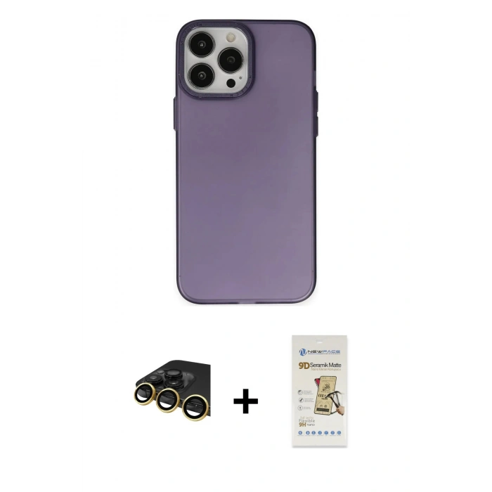 MARSİLYAN™- iPhone 14 Pro Kılıf Ahenk Çizgi Prime - Siyah Mat Seramik Nano Ekran Koruyucu + Gold Raze Metal Kamera Lens