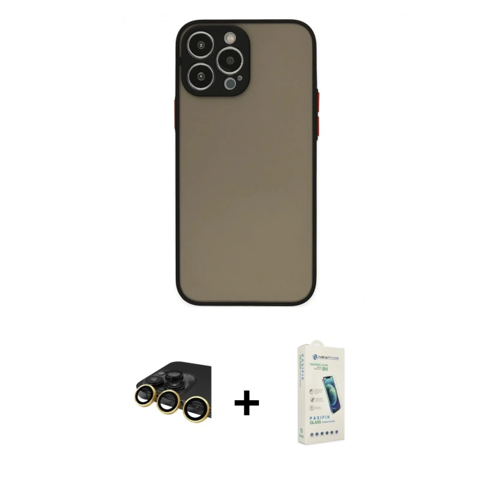 MARSİLYAN™- iPhone 14 Pro Kılıf Ahenk Çizgi Serisi - Şeffaf Pasifik Cam Ekran Koruyucu + Raze Metal Kamera Lens - GD
