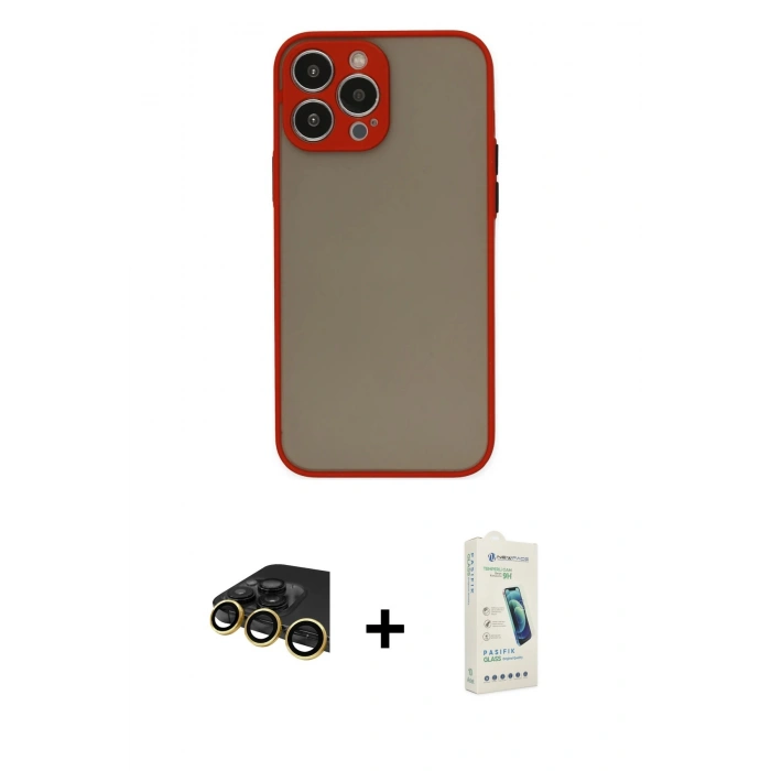 MARSİLYAN™- iPhone 14 Pro Kılıf Ahenk Çizgi Serisi - Şeffaf Pasifik Cam Ekran Koruyucu + Raze Metal Kamera Lens - GD