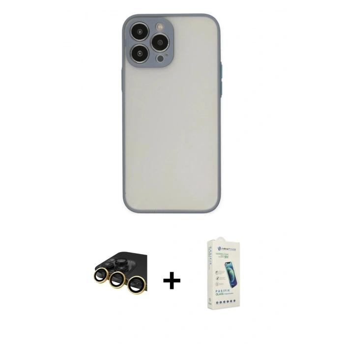 MARSİLYAN™- iPhone 14 Pro Kılıf Ahenk Çizgi Serisi - Şeffaf Pasifik Cam Ekran Koruyucu + Raze Metal Kamera Lens - GD