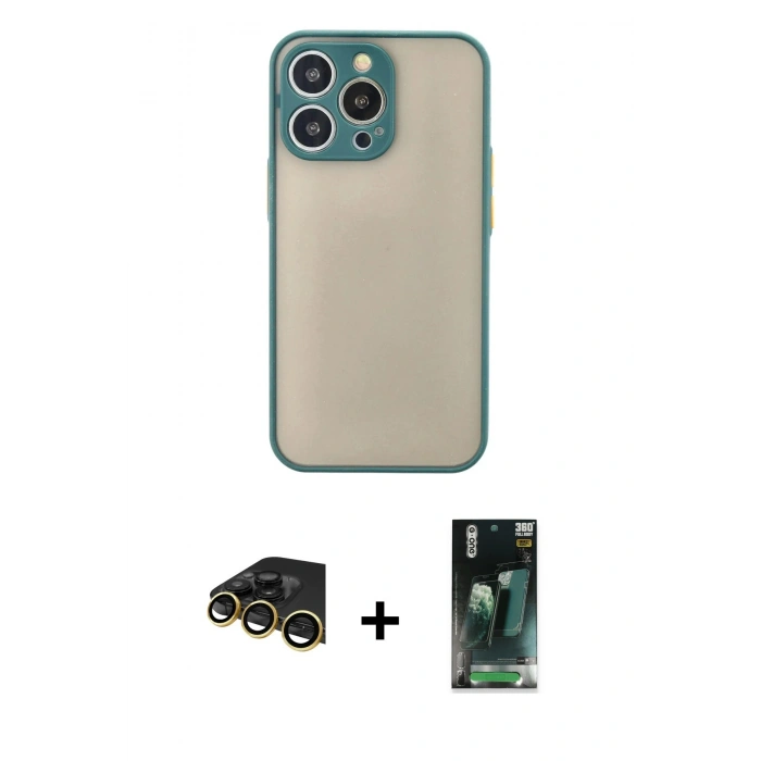 MARSİLYAN™- iPhone 14 Pro Kılıf Ahenk Çizgi Serisi - Siyah 360 Mat Full Body Arka Koruyucu + Raze Metal Kamera Lens - GD