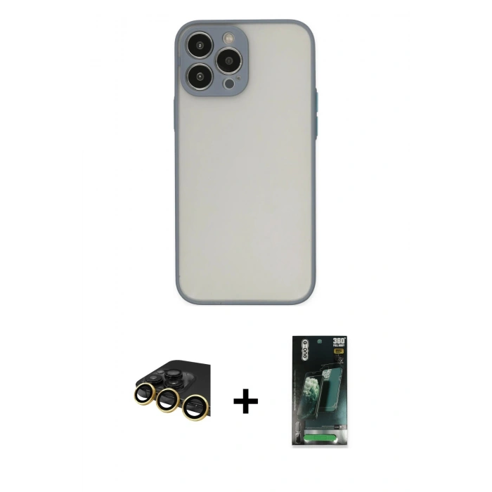 MARSİLYAN™- iPhone 14 Pro Kılıf Ahenk Çizgi Serisi - Siyah 360 Mat Full Body Arka Koruyucu + Raze Metal Kamera Lens - GD