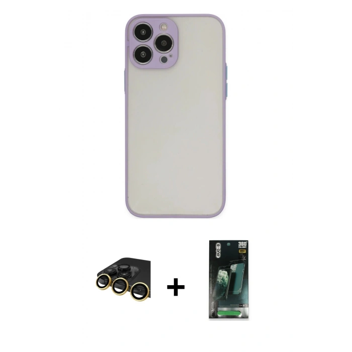 MARSİLYAN™- iPhone 14 Pro Kılıf Ahenk Çizgi Serisi - Siyah 360 Mat Full Body Arka Koruyucu + Raze Metal Kamera Lens - GD