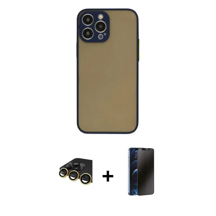 MARSİLYAN™- iPhone 14 Pro Kılıf Ahenk Çizgi Serisi - Siyah 3D Antistatik Hayalet Cam Ekran Koruyucu + Raze Metal Kamera Lens - GD