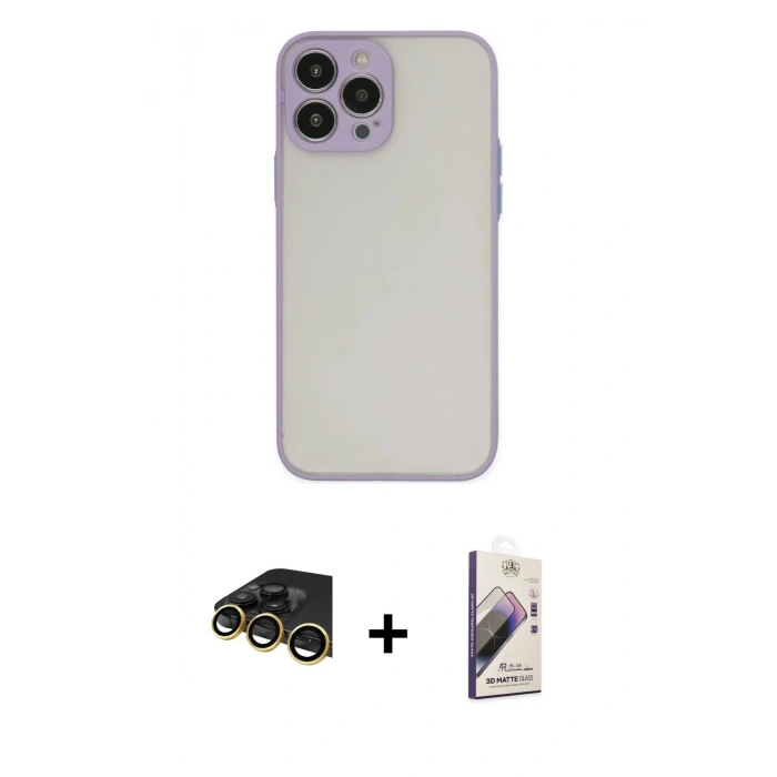 MARSİLYAN™- iPhone 14 Pro Kılıf Ahenk Çizgi Serisi - Siyah Bilvis 3D Mat Cam Ekran Koruyucu + Raze Metal Kamera Lens - GD