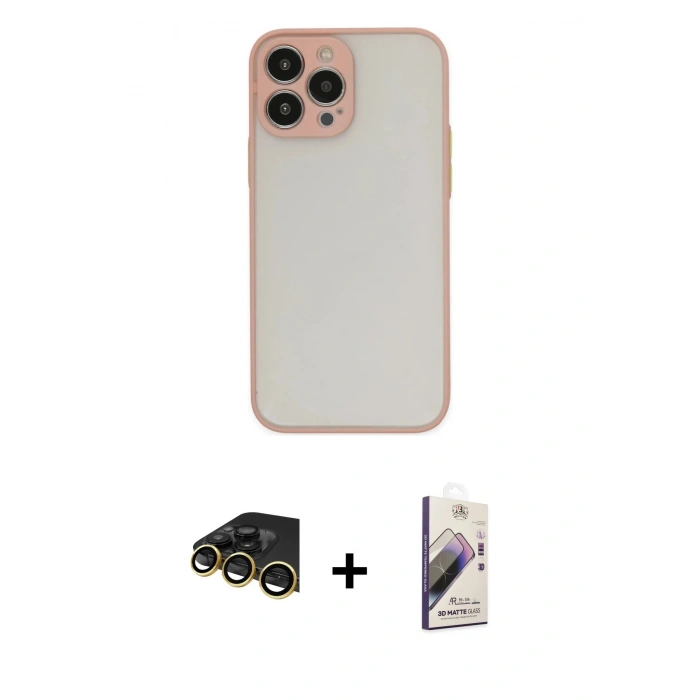 MARSİLYAN™- iPhone 14 Pro Kılıf Ahenk Çizgi Serisi - Siyah Bilvis 3D Mat Cam Ekran Koruyucu + Raze Metal Kamera Lens - GD