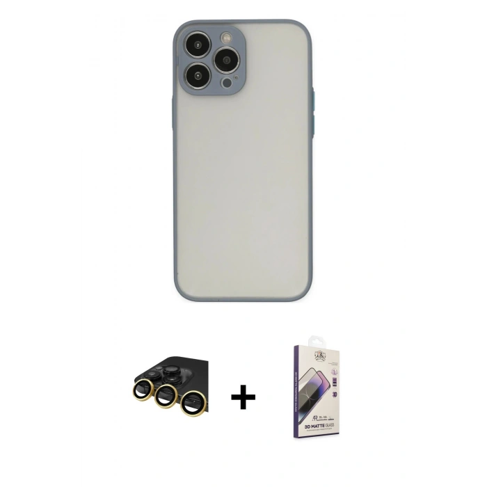 MARSİLYAN™- iPhone 14 Pro Kılıf Ahenk Çizgi Serisi - Siyah Bilvis 3D Mat Cam Ekran Koruyucu + Raze Metal Kamera Lens - GD