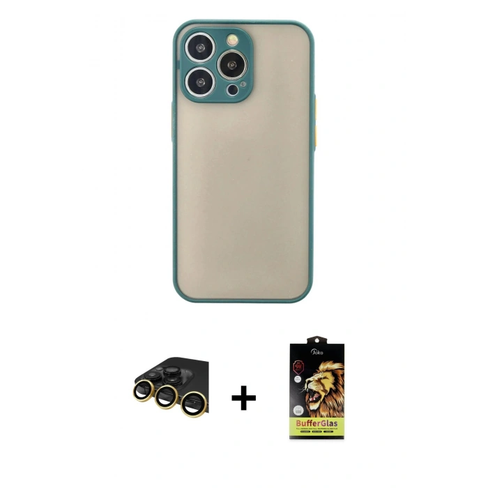 MARSİLYAN™- iPhone 14 Pro Kılıf Ahenk Çizgi Serisi - Siyah Buffer Cam Ekran Koruyucu + Raze Metal Kamera Lens - GD