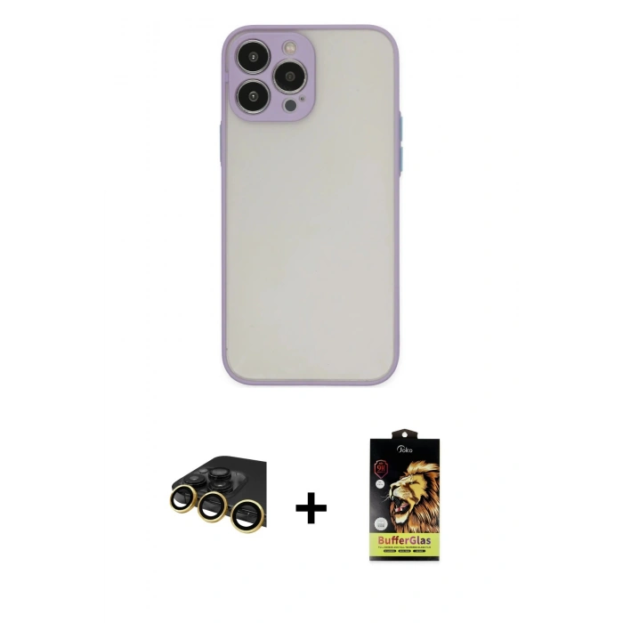 MARSİLYAN™- iPhone 14 Pro Kılıf Ahenk Çizgi Serisi - Siyah Buffer Cam Ekran Koruyucu + Raze Metal Kamera Lens - GD