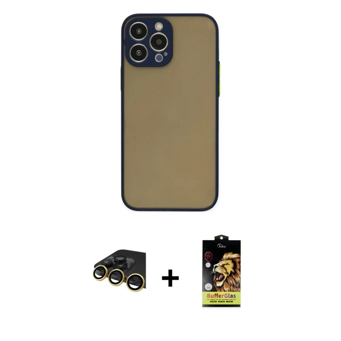 MARSİLYAN™- iPhone 14 Pro Kılıf Ahenk Çizgi Serisi - Siyah Buffer Cam Ekran Koruyucu + Raze Metal Kamera Lens - GD