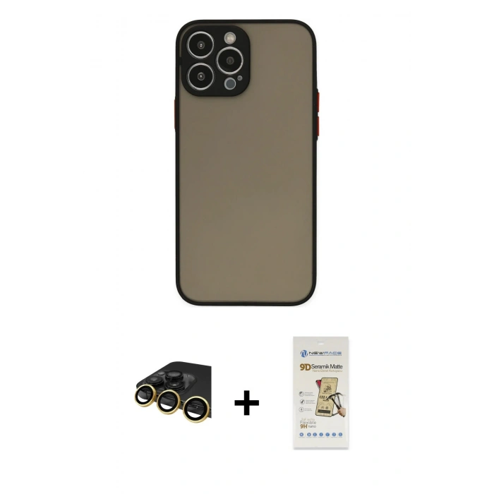 MARSİLYAN™- iPhone 14 Pro Kılıf Ahenk Çizgi Serisi - Siyah Mat Seramik Nano Ekran Koruyucu + Raze Metal Kamera Lens - GD