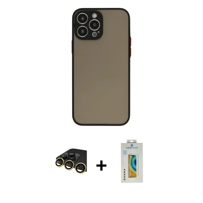 MARSİLYAN™- iPhone 14 Pro Kılıf Ahenk Çizgi Serisi - Siyah Polymer Nano Ekran Koruyucu + Raze Metal Kamera Lens - GD
