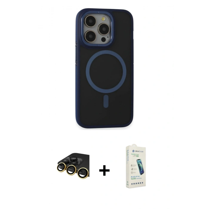 MARSİLYAN™- iPhone 14 Pro Kılıf Ahenk Form Serisi - Şeffaf Pasifik Cam Ekran Koruyucu + Raze Metal Kamera Lens - GD