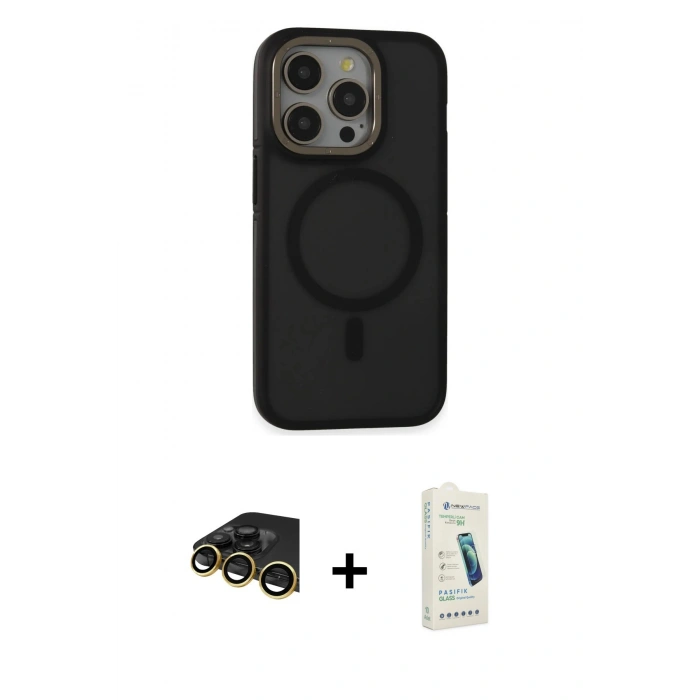 MARSİLYAN™- iPhone 14 Pro Kılıf Ahenk Form Serisi - Şeffaf Pasifik Cam Ekran Koruyucu + Raze Metal Kamera Lens - GD