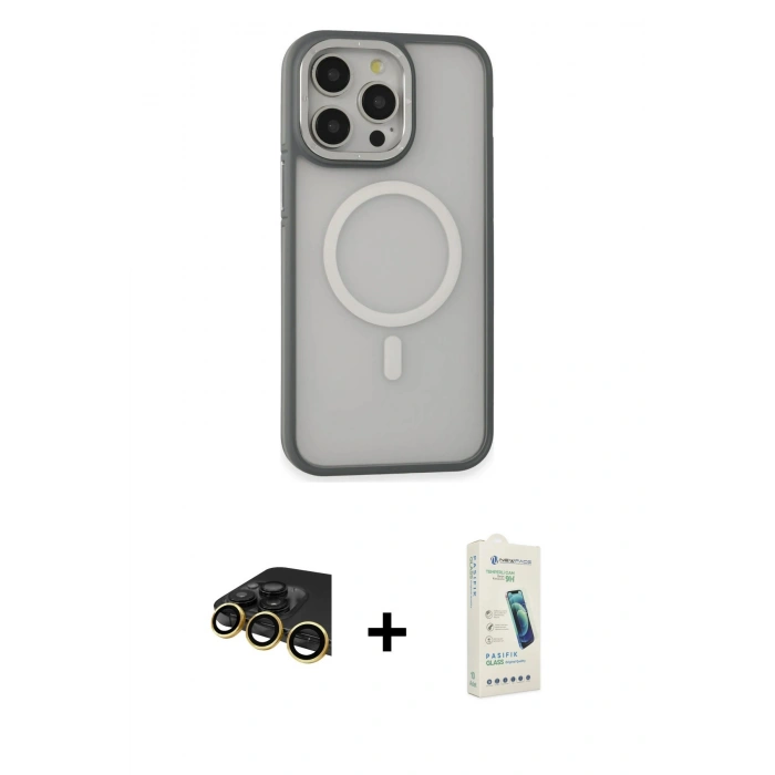 MARSİLYAN™- iPhone 14 Pro Kılıf Ahenk Form Serisi - Şeffaf Pasifik Cam Ekran Koruyucu + Raze Metal Kamera Lens - GD
