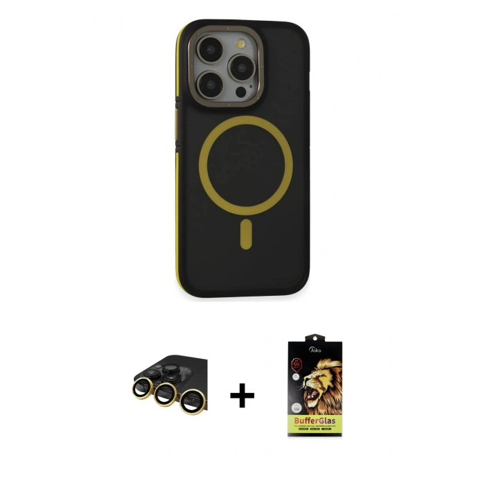 MARSİLYAN™- iPhone 14 Pro Kılıf Ahenk Form Serisi - Siyah Buffer Cam Ekran Koruyucu + Raze Metal Kamera Lens - GD