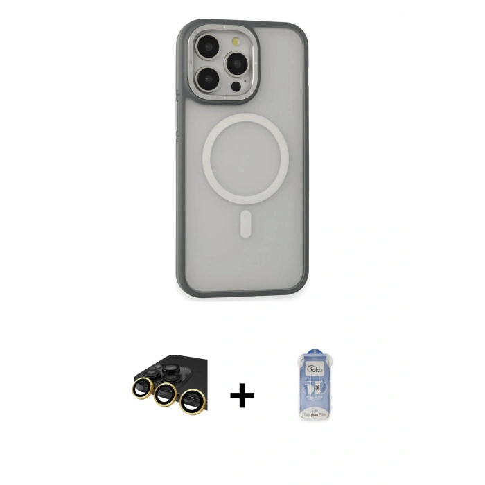 MARSİLYAN™- iPhone 14 Pro Kılıf Ahenk Form Serisi - Siyah Joko Magic 5D Cam + Gold Raze Metal Kamera Lens