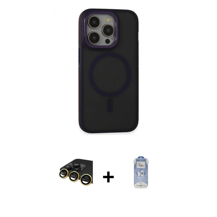 MARSİLYAN™- iPhone 14 Pro Kılıf Ahenk Form Serisi - Siyah Joko Magic 5D Cam + Gold Raze Metal Kamera Lens