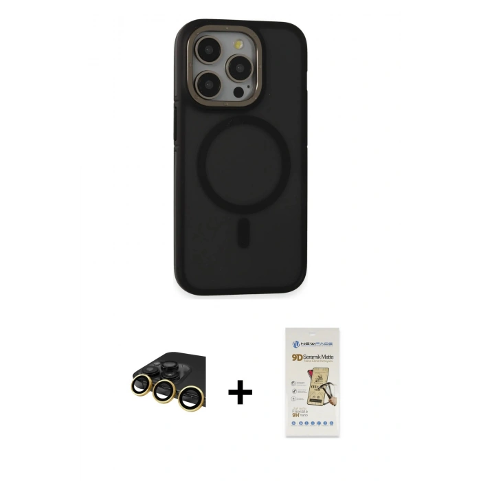 MARSİLYAN™- iPhone 14 Pro Kılıf Ahenk Form Serisi - Siyah Mat Seramik Nano Ekran Koruyucu + Raze Metal Kamera Lens - GD